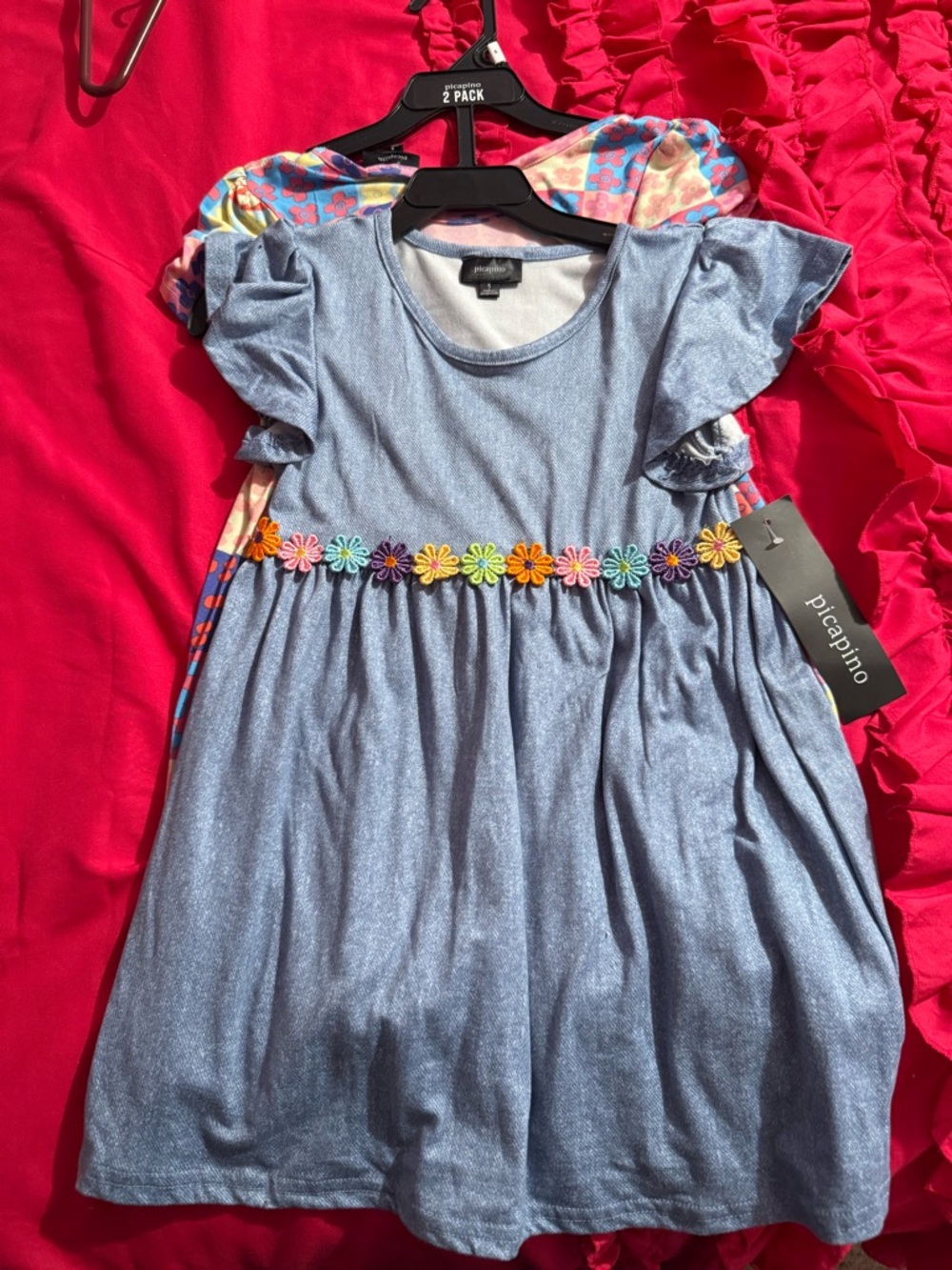 Picapino Girls' Light Blue Shimmer Dress with Daisy Trim